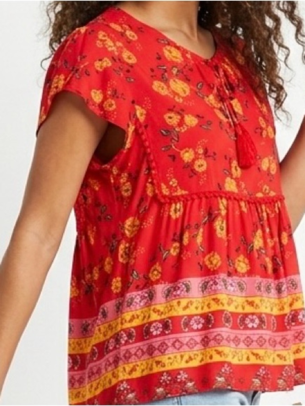 Rusttydustty Floral Petal Sleeve Boho Top Red Pink Tassel Pom Pom Small